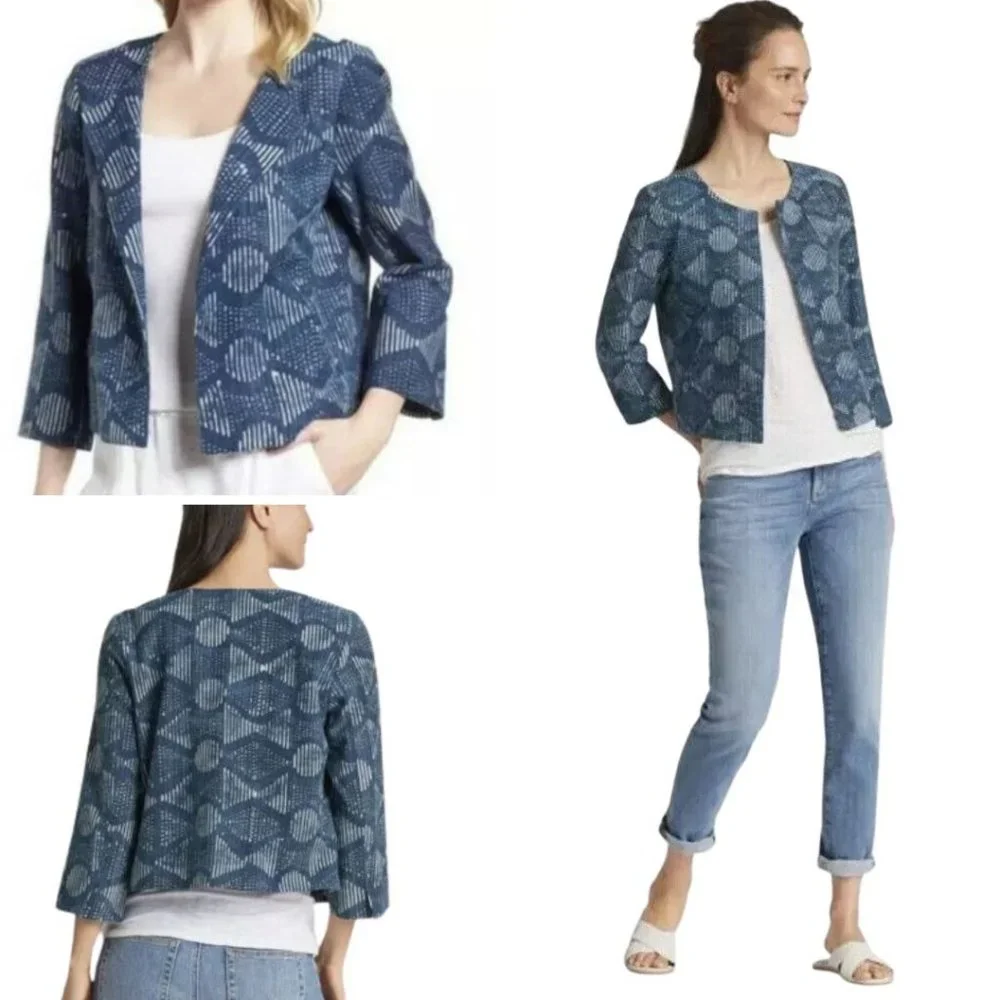 Eileen Fisher HAND-PRINTED Jacket Womens M/M Organic Cotton Indigo Blue Cardigan - Picture 1 of 7